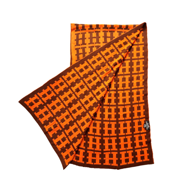 HERMÈS Iconic Brown & Orange Reversibile H Print Wool Scarf Pre-owned - Picture 4 of 16